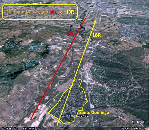 Comparativa de las trayectorias de aterrizaje en las cabeceras 18L y 18R del aeropuerto de Madrid-Barajas